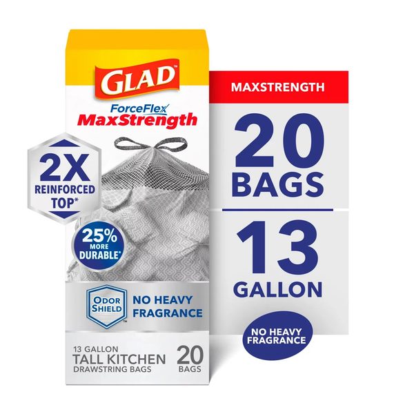 Glad ForceFlex MaxStrength Tall Kitchen Drawstring Trash Bags, 13 Gallon, Odorshield, 20 Count — Dollar General penny item