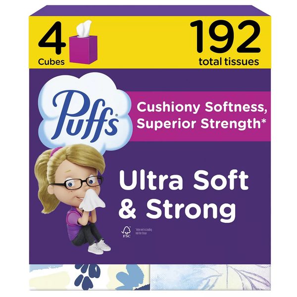 Puffs Facial Tissues Ultra Soft, 4 Cube Boxes, 48 Tissues Per Box — 70% off during the remodel at Dollar General #21214