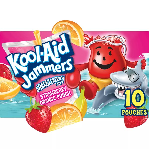 Kool-Aid Jammers Artificially Flavored Drink, 10 Pouches, for School Lunches and On-the-Go Hydration, Sharkleberry Fin Strawberry Orange Punch Flavor, Excellent Source of Vitamin C, 6 fl oz — Dollar General