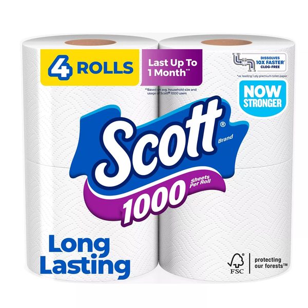 Scott 1000 Toilet Paper, 4 Rolls, Septic-Safe, 1-Ply Toilet Tissue — 70% off during the remodel at Dollar General #10340