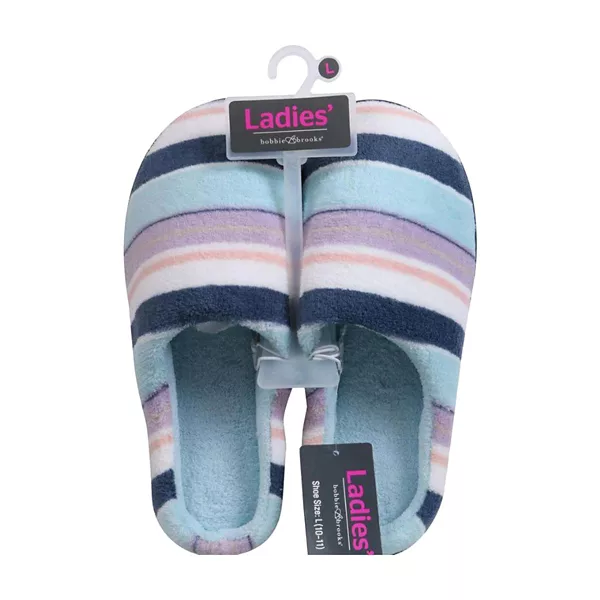 Bobbie Brooks Ladies’ Scuff Slippers, Blue Stripe, Size L (10-11) — Dollar General penny item