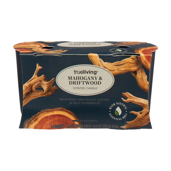True Living Scented Candle, Mahogany & Driftwood, 2 ct, 6.8 oz — 70% off during the remodel at Dollar General #10340