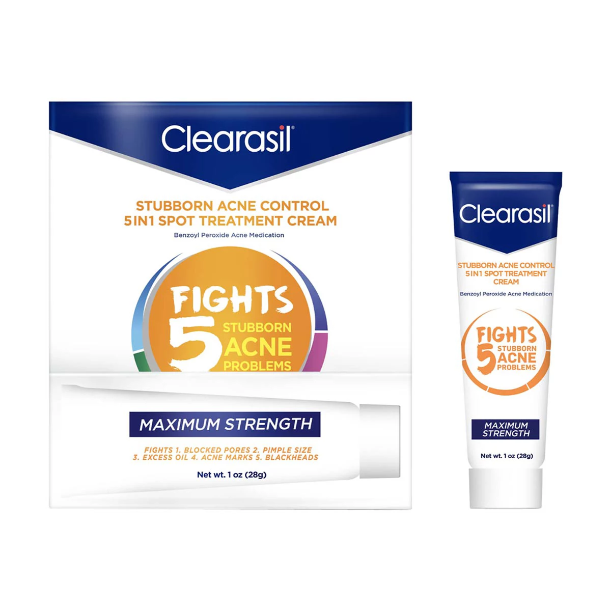 Clearasil Stubborn Acne Control 5in1 Spot Treatment Cream, Maximum Strenght with 10% Benzoyl Peroxide, Acne Medication, 1 oz — pOpshelf penny item